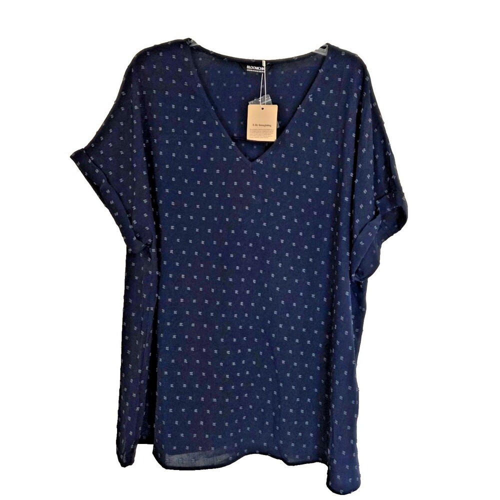 Bloomchic Womens V Neck Swiss Dot Navy Back Button Accent 18/20 NWT